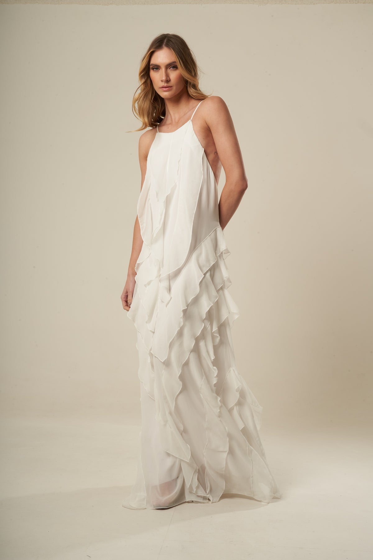 Off white ruffled long dress